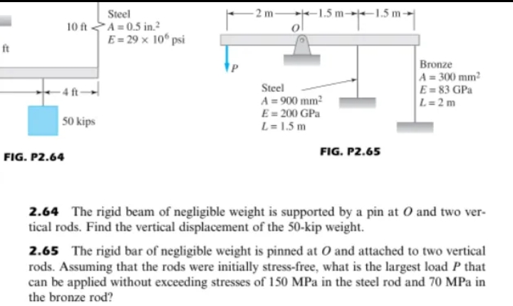 Steel
10 ftA=0.5 in.²
50 kips
E = 29 x 106 psi
2 m-
-1.5 m 1.5 m-
ft
Bronze
Steel
A = 300 mm²
E=83 GPa
L=2m
A = 900 mm²
E = 200 GPa
L = 1.5 m
FIG. P2.65
FIG. P2.64
2.64 The rigid beam of negligible weight is supported by a pin at O and two ver-
tical rods. Find the vertical displacement of the 50-kip weight.
2.65 The rigid bar of negligible weight is pinned at O and attached to two vertical
rods. Assuming that the rods were initially stress-free, what is the largest load P that
can be applied without exceeding stresses of 150 MPa in the steel rod and 70 MPa in
the bronze rod?