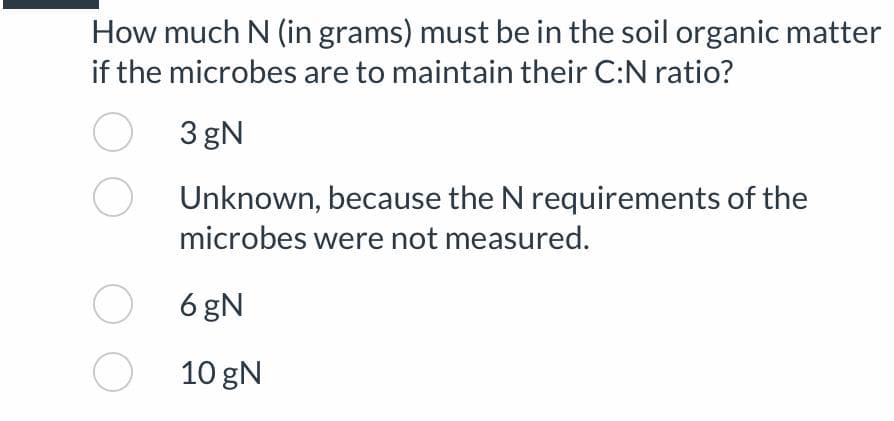 How much N (in grams) must be in the soil organic matter
if the microbes are to maintain their C:N ratio?
3gN
O
O
O
O
Unknown, because the N requirements of the
microbes were not measured.
6 gN
10 gN