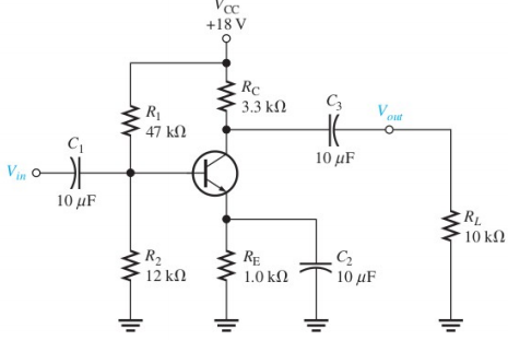 Vcc
+18 V
Rc
3.3 kn
C3
Vout
R
47 kN
10 μF
Vin o
10 μ
RL
10 kN
R2
12 kΩ
RE
1.0 ΚΩ
10 μF
