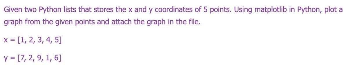 Given two Python lists that stores the x and y coordinates of 5 points. Using matplotlib in Python, plot a
graph from the given points and attach the graph in the file.
x = [1, 2, 3, 4, 5]
y = [7, 2, 9, 1, 6]
