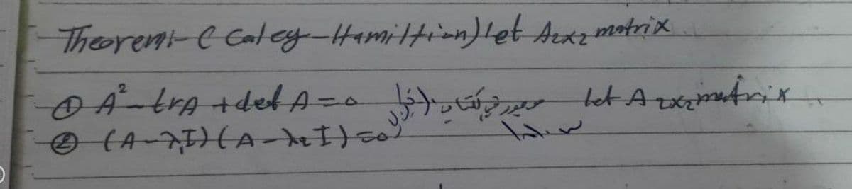 Theorem-e Eatey-Hamiltion)let Aexz motrix
OA-trA +detA=
2.
