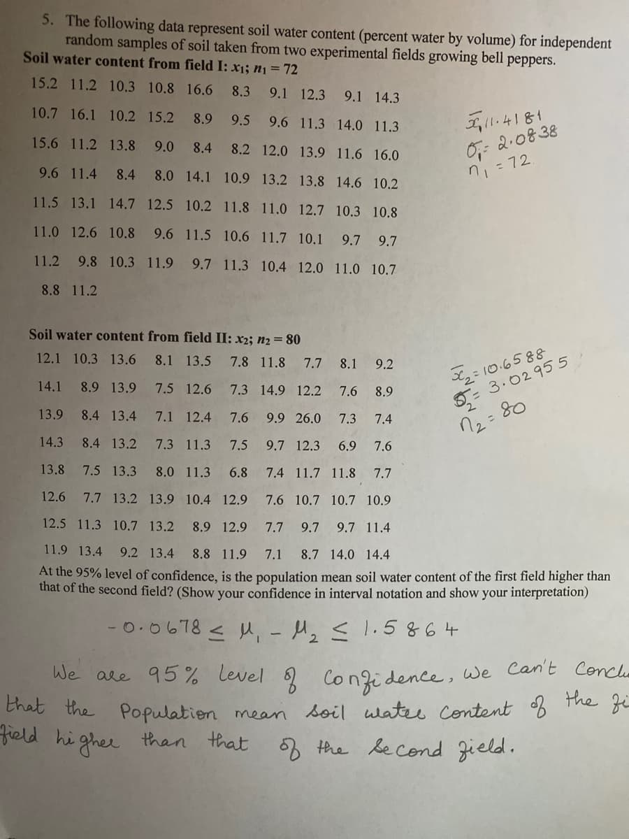 5. The following data represent soil water content (percent water by volume) for independent
random samples of soil taken from two experimental fields growing bell peppers.
Soil water content from field I: x1; n1 = 72
15.2 11.2 10,3 10.8 16.6
8.3
9.1 12.3
9.1 14.3
,11.4181
0: 2.08 38
n, = 72
10.7 16.1 10.2 15.2
8.9
9.5 9.6 11.3 14.0 11.3
15.6 11.2 13.8
9.0
8.4
8.2 12.0 13.9 11.6 16.0
9.6 11.4
8.4
8.0 14.1 10.9 13.2 13.8 14.6 10.2
11.5 13.1 14.7 12.5 10.2 11.8 11.0 12.7 10.3 10.8
11.0 12.6 10.8 9.6 11.5 10.6 11.7 10.1 9.7 9.7
11.2 9.8 10.3 11.9
9.7 11.3 10.4 12.0 11.0 10.7
8.8 11.2
Soil water content from field II: x2; n2 = 80
X,= 10.6588
S= 3.02 955
12.1 10.3 13.6
8.1 13.5
7.8 11.8
7.7
8.1
9.2
14.1
8.9 13.9
7.5 12.6
7.3 14.9 12.2
7.6
8.9
13.9
8.4 13.4
7.1 12.4
7.6
9.9 26.0
7.3
7.4
12= 80
14.3
8.4 13.2
7.3 11.3
7.5
9.7 12.3
6.9
7.6
13.8
7.5 13.3
8.0 11.3
6.8
7.4 11.7 11.8
7.7
12.6
7.7 13.2 13.9 10.4 12.9
7.6 10.7 10.7 10.9
12.5 11.3 10.7 13.2
8.9 12.9
7.7
9.7
9.7 11.4
11.9 13.4
9.2 13.4
8.8 11.9
7.1
8.7 14.0 14.4
At the 95% level of confidence, is the population mean soil water content of the first field higher than
that of the second field? (Show your confidence in interval notation and show your interpretation)
-0.0678 < , - M, s 1.5864
We ale 95%
Level
Congi dence, We Can't Concle
Ehat the Population mean soil wates Content % Tme Be
field hi ghee
than that
the be cond zield.
