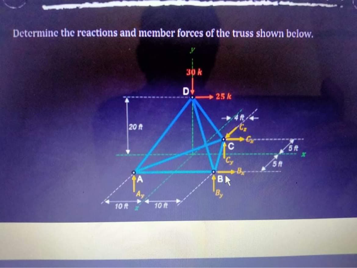 Determinc the rcactions and member forces of the truss shown below.
30 k
25 k
20 ft
5ft
C
Cy
Byr
BX
By
5 ft
10 t
10 ft
