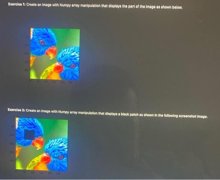 Exercise 1: Create an image with Numpy array manipulation that displays the part of the image as shown below.
Exercise 2: Create an image with Numpy array manipulation that displays a black patch as shown in the following screenshot image.
15
100 154 24
