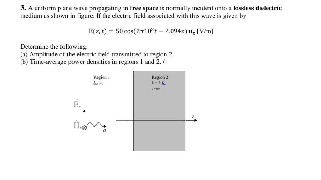 3. A uniform plane wave propagating in free space is normally incident onto a lossless dielectric
medium as shown in figure. If the electric field associated with this wave is given by
E(z, t) = 50 cos(27108 t - 2.094z) ux [V/m]
Determine the following:
(a) Amplitude of the electric field transmitted to region 2.
(b) Time-average power densities in regions 1 and 2. (
E.
II,
Region 1
& He
Region 2
ε =4&a
με μα