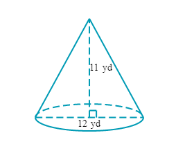 This image illustrates a cone with specific measurements, useful for learning about three-dimensional geometric shapes. The cone is depicted with its vertical height, radius, and slant height. Here are the details provided by the diagram:

1. **Height**: The vertical height of the cone is 11 yards (yd).
2. **Radius**: The radius of the cone's base is 12 yards (yd).

The diagram includes the following features:

- A cone shape with a dashed line indicating the height of the cone starting from the apex (top of the cone) to the center of the base. This line measures 11 yards, showing the vertical height of the cone.
- A right-angled triangle is formed within the cone by the vertical height (11 yd), the radius (12 yd), and the slant height (hypotenuse of the triangle).
- The circular base of the cone is shown with a dashed outline, emphasizing the shape's round base.
- There is a small square symbol at the intersection of the height and the radius, indicating a right angle (90 degrees), which confirms that the vertical height is perpendicular to the base.

This geometric representation helps in visualizing and understanding the components and properties of a cone, such as its height, radius, and how the slant height can be derived using the Pythagorean Theorem.