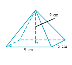 ### Geometry of a Square-Based Pyramid

**Diagram Description:**

This diagram represents a square-based pyramid with key measurements labeled.

- **Base Dimensions:** 
  - The length of each side of the square base is 9 cm.
  - One side on the base plane is marked with a dimension of 5 cm, indicating a possible segment or distance of interest on that side.
  
- **Height of Pyramid:**
  - The vertical height from the base to the apex (top point) of the pyramid is also 9 cm.

- **Other Notable Features:**
  - There is a dashed blue line representing the height and indicating it stands perpendicular to the base.
  - The right-angle symbol at the intersection of the height line and the base confirms this perpendicularity.

This diagram can be used to understand the dimensional properties of a square-based pyramid, including calculations related to volume, slant height, or surface area.

#### Key Points for Further Study:

1. **Volume of a Square-Based Pyramid:**
   The volume \( V \) can be found using the formula:
   \[
   V = \frac{1}{3} \times \text{Base Area} \times \text{Height} = \frac{1}{3} \times (9 \, \text{cm} \times 9 \, \text{cm}) \times 9 \, \text{cm}
   \]

2. **Surface Area:**
   The surface area includes the base area and the four triangular faces. Each triangular face's area can be calculated using the slant height, which can be derived using the Pythagorean theorem if needed.

3. **Slant Height:**
   The slant height can be calculated using the Pythagorean theorem in the right-angled triangle formed by the slant height, half of the base side length (4.5 cm), and the vertical height (9 cm).

This geometric shape is a classic problem area within solid geometry, providing essential practical applications and problem-solving experiences.