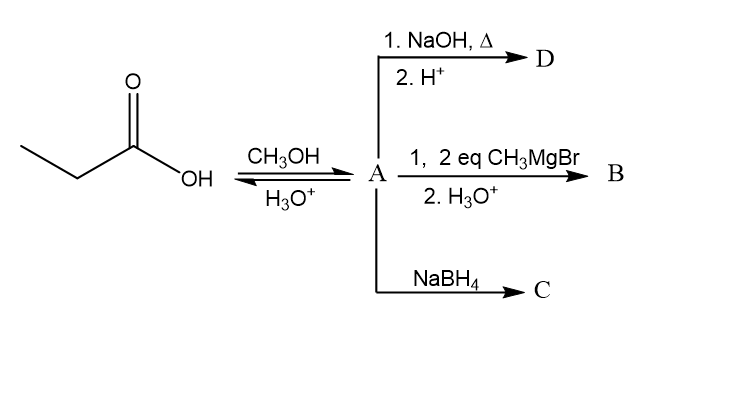 1. NaOH, Д
> D
2. H*
CH3OH
HO.
1, 2 еq CHзMgBr
А
B
H3O*
2. H30*
NABH4
C
