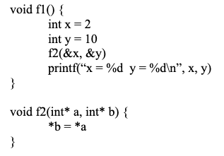 void fl() {
int x = 2
int y = 10
f2(&x, &y)
printf("x=%d y = %d\n", x, y)
}
void f2(int* a, int* b) {
*b = *a
}