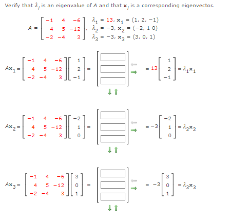 Verify that λ; is an eigenvalue of A and that x; is a corresponding eigenvector.
A₁ = 13, x₁ = (1, 2, -1)
2₂ = -3, x₂ = (-2, 10)
13 = -3, x3 = (3, 0, 1)
Ax₁ =
Ax₂ =
Ax3 =
A =
-1
-1
4
-6
5 -12
3
4
-2 -4
4 -6
4 5 -12
-2 -4 3
-1 4 -6
4 5-12
-2 -4 3
-1 4 -6
4 5 -12
2
-2 -4 3
Ņ
3
1:1-
0 =
1
1
↓1
↓ 1
= 13
2 = 1₁x₁
H]
-3
= -3
= 2₂x₂
=Agx3