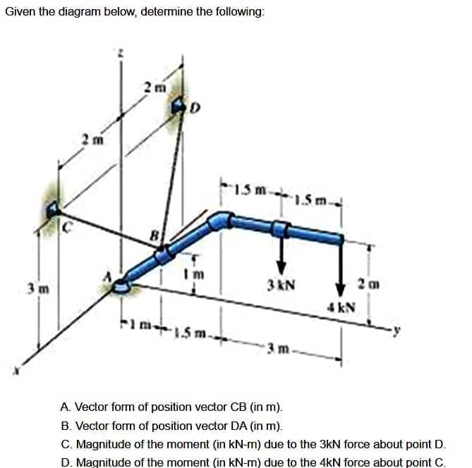 Given the diagram below, determine the following:
3 m
2m
8
Fim1.5m.
1.5m.
3 kN
1.5 m
4 kN
2m
A. Vector form of position vector CB (in m).
B. Vector form of position vector DA (in m).
C. Magnitude of the moment (in kN-m) due to the 3kN force about point D.
D. Magnitude of the moment (in kN-m) due to the 4kN force about point C.