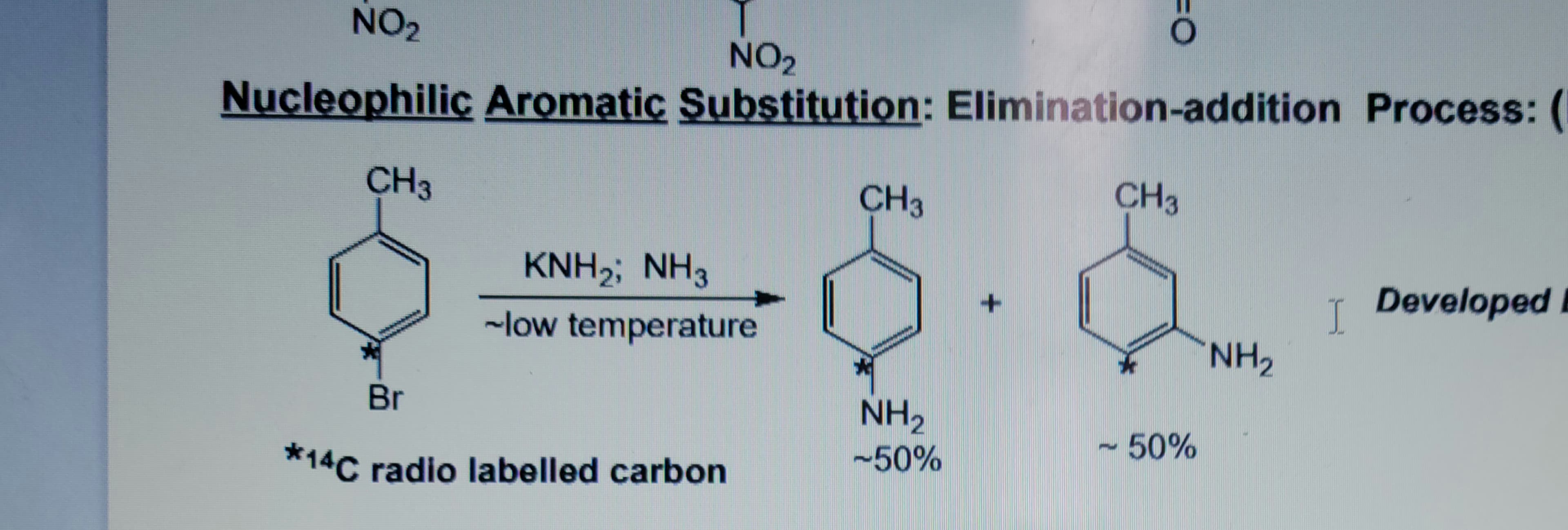 NO₂
NO₂
Nucleophilic Aromatic Substitution: Elimination-addition Process: (
CH3
CH3
Br
KNH,; NH3
~low temperature
*14C radio labelled carbon
CH3
O=
NH₂
-50%
- 50%
NH₂
I Developed