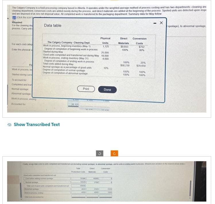 The Calgary Company is a food processing company based in Aberta. It operates under the weighted average method of process costing and has two departments: cleaning and
cleaning department, conversion costs are added evenly during the process, and direct materials are added at the beginning of the process Spoiled units are detected upon insp
and are disposed of at zero net disposal value. All completed work is transferred to the packaging department Summary data for May follow
(Click the icon to
Required
For the deaning deg
process Carry unit
For each cost categ
Enter the physical u
Fl
Work in process, be
Started during cum
To account for
Completed and tran
Normal spolage
Abnormal spolage
Work in process, ending
Accounted for
Data table
The Calgary Company: Cleaning Dept.
Work in process, beginning inventory (May 1)
Degree of completion of beginning work in process
Started during May
Good units completed and transferred out during May
Work in process, ending inventory (May 31)
Degree of completion of ending work in process
Total costs added during May
Normal spolage as a percentage of good units
Degree of completion of normal spolage
Degree of completion of abnormal spolage
Show Transcribed Text
Seme
od and
300
dod
26.125
Print
Producten C
2013
POM
Ma
10000
9700
Physical
Units
1,125
2005
000
25,000
18,000
4,000
10%
Done
1000
37126
Fagna cont com and tranched out onchading normal spolage to abnoma spolage, and tonning work in process and the
CH
Common
Ons
C
4
4
Direct
Materials
$9,653
100%
100%
$58,230
100%
100%
Conversion
Costs
$702
80%
25%
$29,650
100%
100%
X
spoilage), to abnormal spoilage,