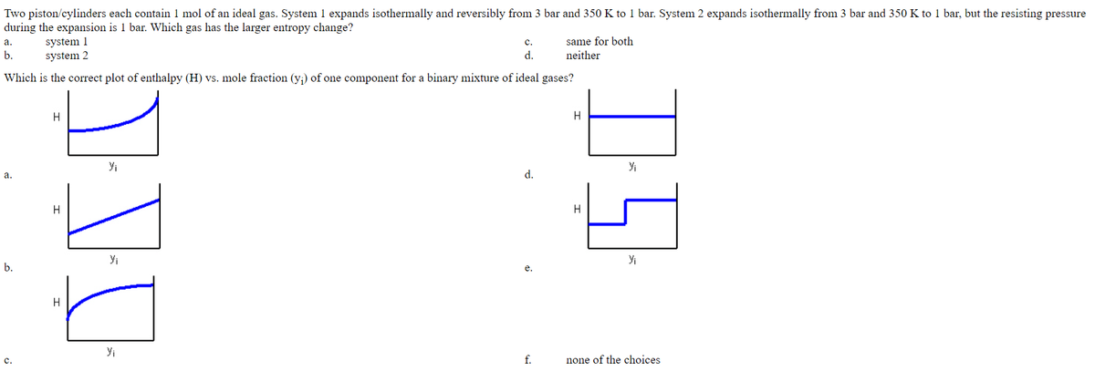 Two piston/cylinders each contain 1 mol of an ideal gas. System 1 expands isothermally and reversibly from 3 bar and 350 K to 1 bar. System 2 expands isothermally from 3 bar and 350 K to 1 bar, but the resisting pressure
during the expansion is 1 bar. Which gas has the larger entropy change?
system 1
same for both
а.
с.
b.
system 2
d.
neither
Which is the correct plot of enthalpy (H) vs. mole fraction (y;) of one component for a binary mixture of ideal gases?
H
H
Yi
Yi
a.
d.
H
Yi
Yi
b.
е.
f.
none of the choices
с.
