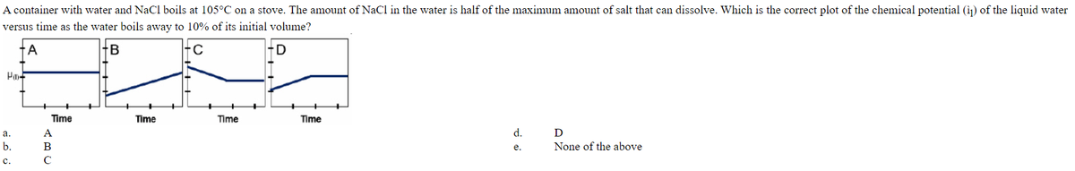 A container with water and NaCl boils at 105°C on a stove. The amount of NaCl in the water is half of the maximum amount of salt that can dissolve. Which is the correct plot of the chemical potential (ij) of the liquid water
versus time as the water boils away to 10% of its initial volume?
B
D
Time
Time
Time
Time
а.
A
d.
D
b.
B
е.
None of the above
с.
