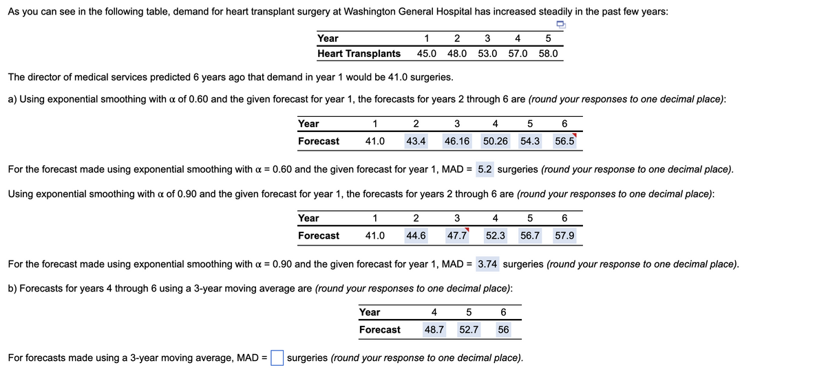 As you can see in the following table, demand for heart transplant surgery at Washington General Hospital has increased steadily in the past few years:
D
Year
Heart Transplants
The director of medical services predicted 6 years ago that demand in year 1 would be 41.0 surgeries.
a) Using exponential smoothing with a of 0.60 and the given forecast for year 1, the forecasts for years 2 through 6 are (round your responses to one decimal place):
Year
Forecast
For forecasts made using a 3-year moving average, MAD =
1
41.0
1 2
45.0 48.0
3 4 5
53.0 57.0 58.0
2
43.4
Year
Forecast
3
4
46.16 50.26
5
54.3
For the forecast made using exponential smoothing with α = 0.60 and the given forecast for year 1, MAD= 5.2 surgeries (round your response to one decimal place).
Using exponential smoothing with a of 0.90 and the given forecast for year 1, the forecasts for years 2 through 6 are (round your responses to one decimal place):
Year
Forecast
1
2
3
41.0 44.6 47.7
4
5
52.3 56.7
6
56.5
For the forecast made using exponential smoothing with a = 0.90 and the given forecast for year 1, MAD = 3.74 surgeries (round your response to one decimal place).
b) Forecasts for years 4 through 6 using a 3-year moving average are (round your responses to one decimal place):
4
5
6
48.7 52.7 56
surgeries (round your response to one decimal place).
6
57.9