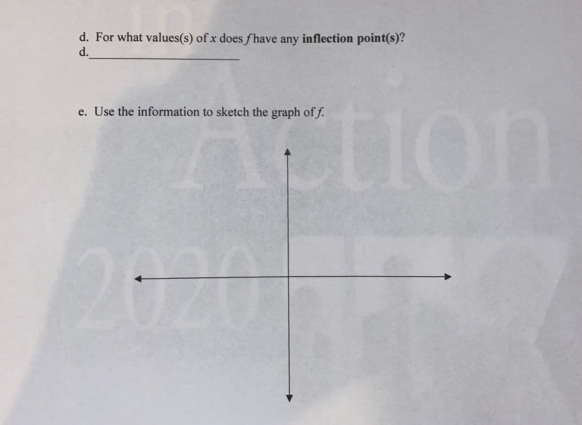 d. For what values(s) of x does ƒ have any inflection point(s)?
d.
tion
e. Use the information to sketch the graph of f.
2020
