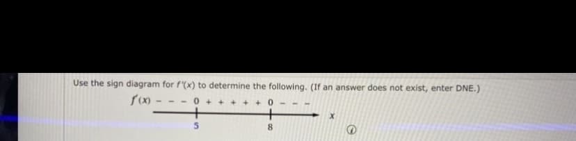 Use the sign diagram for f'(x) to determine the following. (If an answer does not exist, enter DNE.)
0 + + + + + 0
8.
