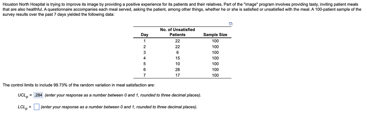 Houston North Hospital is trying to improve its image by providing a positive experience for its patients and their relatives. Part of the "image" program involves providing tasty, inviting patient meals
that are also healthful. A questionnaire accompanies each meal served, asking the patient, among other things, whether he or she is satisfied or unsatisfied with the meal. A 100-patient sample of the
survey results over the past 7 days yielded the following data:
Day
1
234
5
6
7
The control limits to include 99.73% of the random variation in meal satisfaction are:
No. of Unsatisfied
Patients
ZNORDRH
22
22
6
15
10
28
17
UCLp =
= .284 (enter your response as a number between 0 and 1, rounded to three decimal places).
LCLp
(enter your response as a number between 0 and 1, rounded to three decimal places).
Sample Size
100
100
100
100
100
100
100