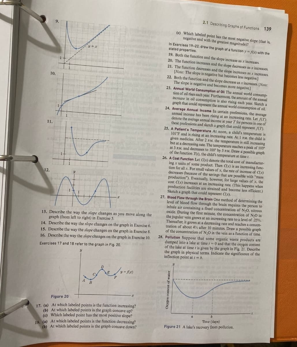 10.
11.
12.
1
A
13. Describe the way the slope changes as you move along the
graph (from left to right) in Exercise 5.
14. Describe the way the slope changes on the graph in Exercise 6.
15. Describe the way the slope changes on the graph in Exercise 8.
16. Describe the way the slope changes on the graph in Exercise 10.
Exercises 17 and 18 refer to the graph in Fig. 20.
A
B
с.
y = f(x)
qmD RE
Figure 20
17. (a) At which labeled points is the function increasing?
(b) At which labeled points is the graph concave up?
(c) Which labeled point has the most positive slope?
18. (a) At which labeled points is the function decreasing?
(b) At which labeled points is the graph concave down?
2.1 Describing Graphs of Functions. 139
(c) Which labeled point has the most negative slope (that is,
negative and with the greatest magnitude)?
In Exercises 19-22, draw the graph of a function y=f(x) with the
stated properties.
19. Both the function and the slope increase as x increases.
20. The function increases and the slope decreases as x increases.
21. The function decreases and the slope increases as x increases.
[Note: The slope is negative but becomes less negative.]
22. Both the function and the slope decrease as x increases. [Note:
The slope is negative and becomes more negative.]
23. Annual World Consumption of Oil The annual world consump-
tion of oil rises each year. Furthermore, the amount of the annual
increase in oil consumption
graph that could represent the annual world consumption of oil.
also rising each year. Sketch a
24. Average Annual Income In certain professions, the average
annual income has been rising at an increasing rate. Let f(T)
denote the average annual income at year T for persons in one of
these professions and sketch a graph that could represent f(T).
25. A Patient's Temperature At noon, a child's temperature is
101°F and is rising at an increasing rate. At 1 P.M. the child is
given medicine. After 2 P.M. the temperature is still increasing
but at a decreasing rate. The temperature reaches a peak of 103°
at 3 P.M. and decreases to 100° by 5 P.M. Draw a possible graph
of the function 7(1), the child's temperature at time t.
26. A Cost Function Let C(x) denote the total cost of manufactur-
ing x units of some product. Then C(x) is an increasing func-
tion for all x. For small values of x, the rate of increase of C(x)
decreases (because of the savings that are possible with "mass
production"). Eventually, however, for large values of x, the
cost C(x) increases at an increasing rate. (This happens when
production facilities are strained and become less efficient.)
Sketch a graph that could represent C(x).
27. Blood Flow through the Brain One method of determining the
level of blood flow through the brain requires the person to
inhale air containing a fixed concentration of N₂O, nitrous
oxide. During the first minute, the concentration of N₂0 in
the jugular vein grows at an increasing rate to a level of .25%.
Thereafter, it grows at a decreasing rate and reaches a concen-
tration of about 4% after 10 minutes. Draw a possible graph
of the concentration of N₂O in the vein as a function of time.
28. Pollution Suppose that some organic waste products are
dumped into a lake at time r = 0 and that the oxygen content
of the lake at time t is given by the graph in Fig. 21. Describe
the graph in ysical terms. Indicate the significance of the
inflection point at t = b.
Oxygen content of water
b
Time (days)
Figure 21 A lake's recovery from pollution.
a