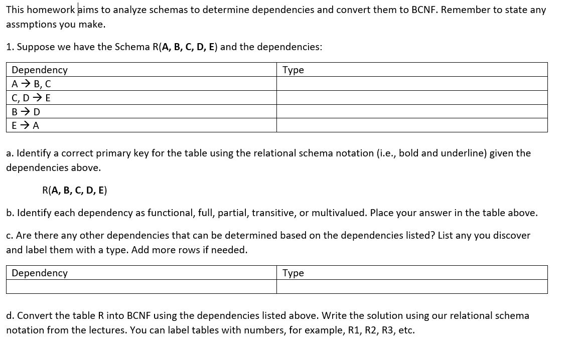 This homework aims to analyze schemas to determine dependencies and convert them to BCNF. Remember to state any
assmptions you make.
1. Suppose we have the Schema R(A, B, C, D, E) and the dependencies:
Dependency
A > B, C
C, D>E
Туре
B > D
E > A
a. Identify a correct primary key for the table using the relational schema notation (i.e., bold and underline) given the
dependencies above.
R(A, B, C, D, E)
b. Identify each dependency as functional, full, partial, transitive, or multivalued. Place your answer in the table above.
c. Are there any other dependencies that can be determined based on the dependencies listed? List any you discover
and label them with a type. Add more rows if needed.
Dependency
Туре
d. Convert the table R into BCNF using the dependencies listed above. Write the solution using our relational schema
notation from the lectures. You can label tables with numbers, for example, R1, R2, R3, etc.
