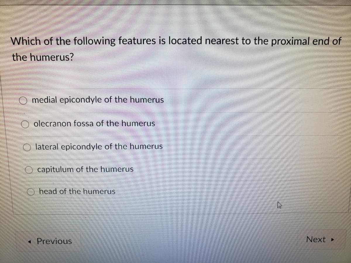 Which of the following features is located nearest to the proximal end of
the humerus?
medial epicondyle of the humerus
O olecranon fossa of the humerus
O lateral epicondyle of the humerus
capitulum of the humerus
O head of the humerus
- Previous
Next
