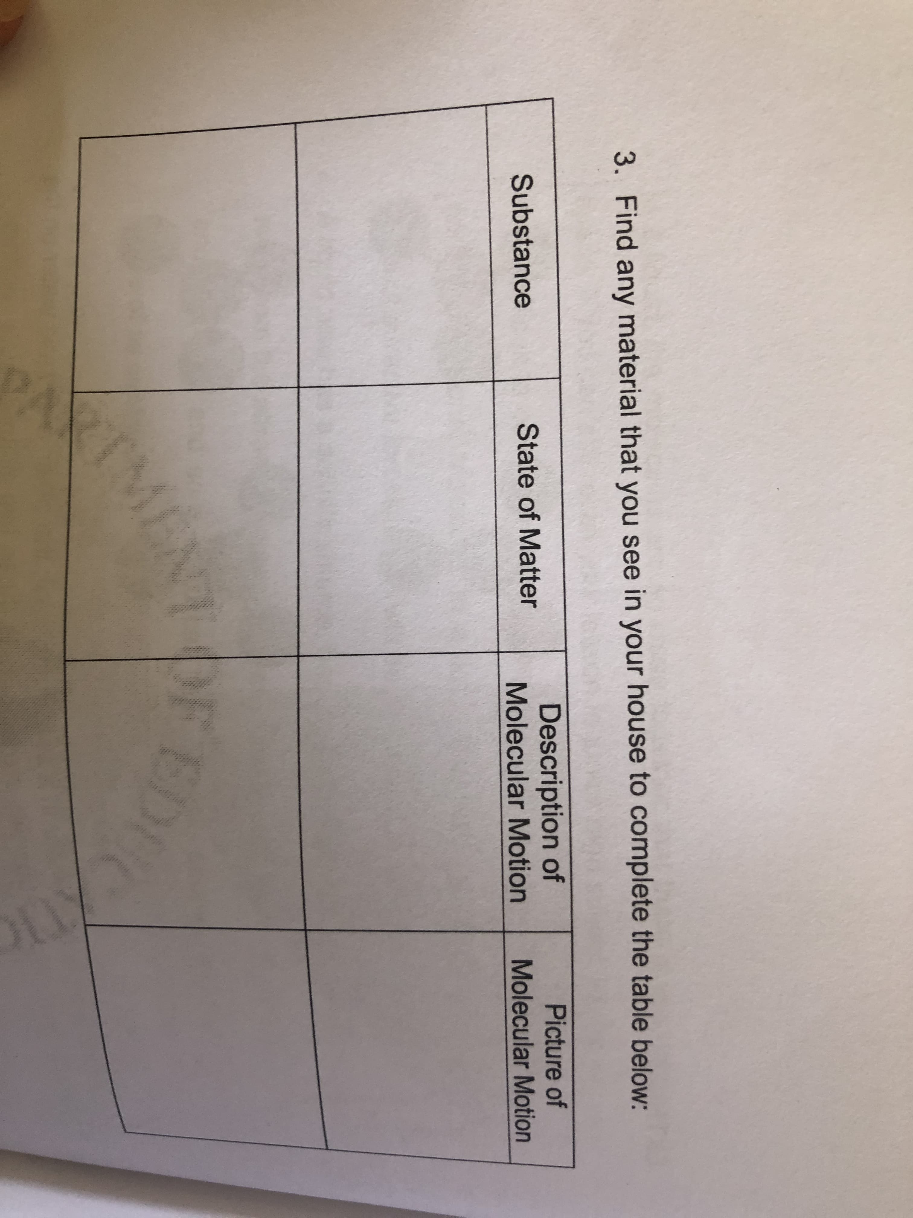 IMENT OF EDO
3. Find any material that you see in your house to complete the table below:
Picture of
Description of
Molecular Motion
Substance
State of Matter
Molecular Motion
EDUCAN
MENT
