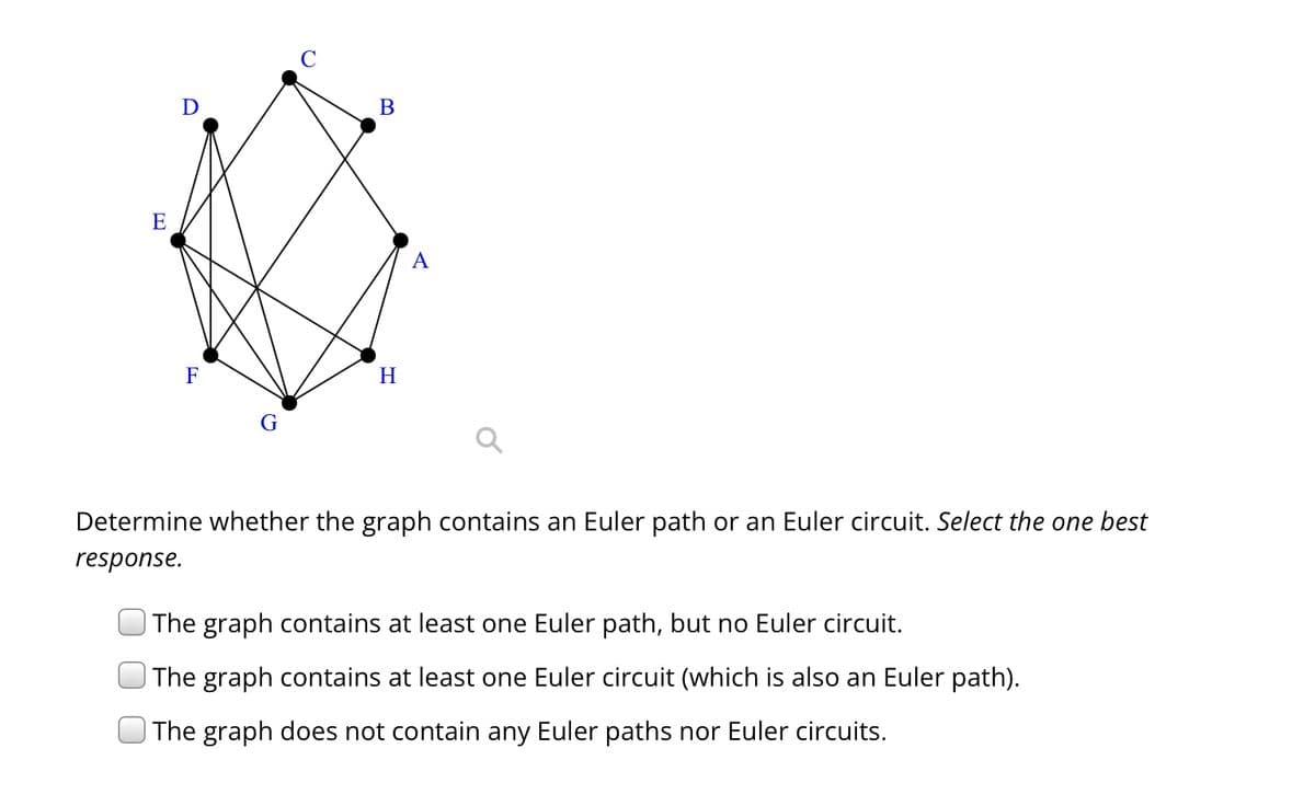 E
D
F
B
H
A
Determine whether the graph contains an Euler path or an Euler circuit. Select the one best
response.
The graph contains at least one Euler path, but no Euler circuit.
The graph contains at least one Euler circuit (which is also an Euler path).
The graph does not contain any Euler paths nor Euler circuits.