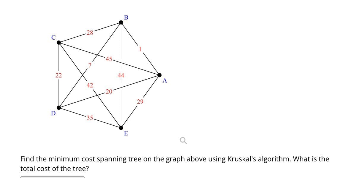 22
D
28
42
35.
45
20
B
44
E
29
A
Find the minimum cost spanning tree on the graph above using Kruskal's algorithm. What is the
total cost of the tree?