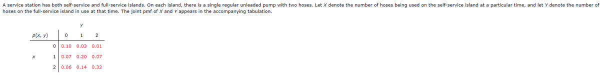 A service station has both self-service and full-service islands. On each island, there is a single regular unleaded pump with two hoses. Let X denote the number of hoses being used on the self-service island at a particular time, and let y denote the number of
hoses on the full-service island in use at that time. The joint pmf of X and Y appears in the accompanying tabulation.
y
p(x, y)
0
1
2
0
0.10 0.03 0.01
1
0.07 0.20 0.07
2 0.06 0.14 0.32