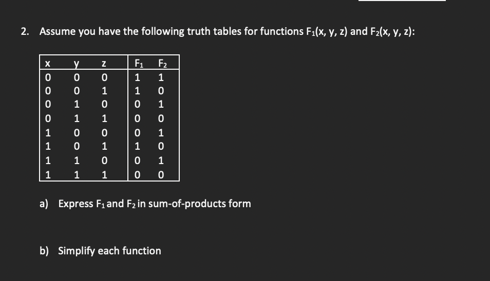 2. Assume you have the following truth tables for functions F₁(x, y, z) and F₂(x, y, z):
X y
0
0
0
0
1
1
1
1
oK
NOH
0 0
0 1
1
1
0
0
0
1
1
0
1 1
0
F₁
--|
1
1
0
0
0
1
0
0
F2
ононононл
1
1
1
1
a) Express F₁ and F₂ in sum-of-products form
b) Simplify each function