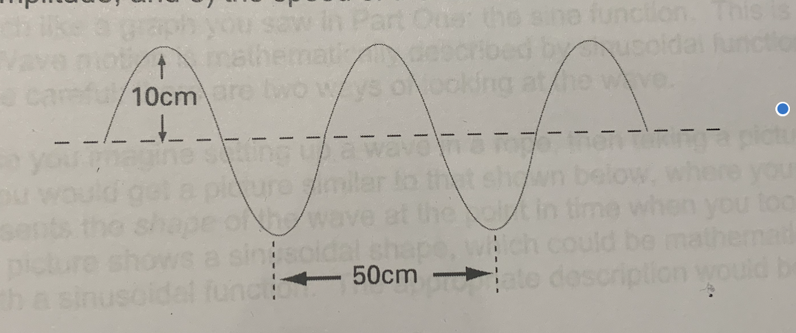 aw in Part Oue the sine funciion. This
mat
10cm re wowys o
agaph yoU
mati descrioed byucoldai functio
wve.
ure mler lo tht shn below
wave at the cin time
sinsoldal shape, wich could
ere you
your
you toc
emat
ha
50cm
te descript
would b
