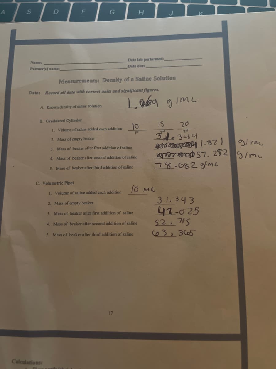 S
F
Name:
Date lab performed:
Partner(s) name:
Date due:
Measurements: Density of a Saline Solution
Data: Record all data with correct units and significant figures.
Loba gimc
A. Known density of saline solution
B. Graduated Cylinder
10
IS
2d
1. Volume of saline added each addition
1st
3d
2. Mass of empty beaker
34.344
3. Mass of beaker after first addition of saline
4. Mass of beaker after second addition of saline
78.082gfmc
5. Mass of beaker after third addition of saline
C. Volumetric Pipet
1. Volume of saline added each addition
3 1.343
42-025
52.715
Co 3, 3665
2. Mass of empty beaker
3. Mass of beaker after first addition of saline
4. Mass of beaker after second addition of saline
5. Mass of beaker after third addition of saline
17
Calculations:
