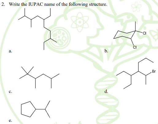 2. Write the IUPAC name of the following structure.
а.
b.
Br
с.
d.
е.
