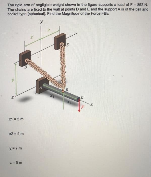 The rigid arm of negligible weight shown in the figure supports a load ofF = 852 N.
The chains are fixed to the wall at points D and E and the support A is of the ball and
socket type (spherical). Find the Magnitude of the Force FBE
y
E
B.
C
X2
x1 = 5 m
x2 = 4 m
y = 7 m
Z = 5 m
