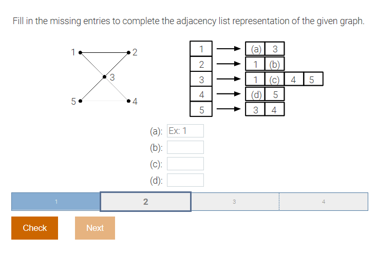 Fill in the missing entries to complete the adjacency list representation of the given graph
(a) 3
1 (b)
1
1
2
1 (c)| 4 | 5
(d) 5
3 | 4
5
4
(а): Ex: 1
(b):
(c):
(d):
2
3
4.
Check
Next
2.
3.
