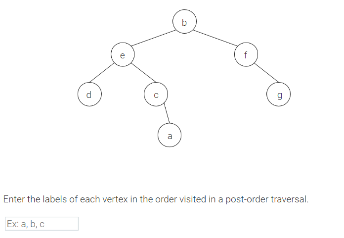 b
f
d.
g
a
Enter the labels of each vertex in the order visited in a post-order traversal.
Ex: a, b, c
