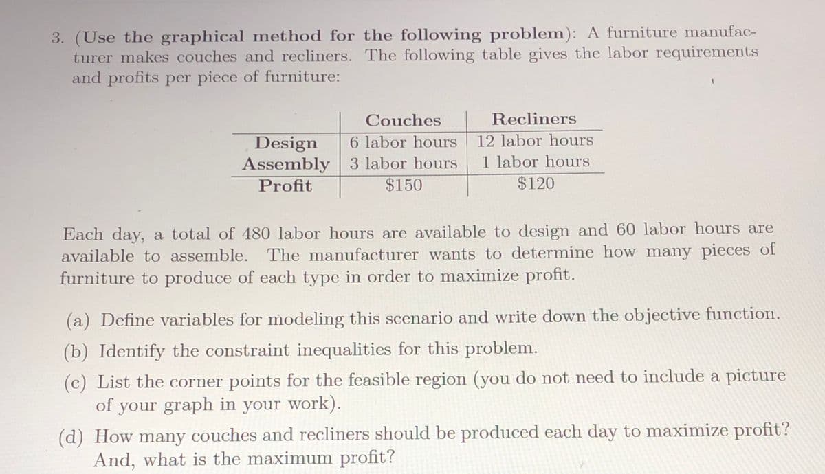 3. (Use the graphical method for the following problem): A furniture manufac-
turer makes couches and recliners. The following table gives the labor requirements
and profits per piece of furniture:
Couches
Recliners
6 labor hours
Assembly 3 labor hours
$150
Design
12 labor hours
1 labor hours
$120
Profit
Each day, a total of 480 labor hours are available to design and 60 labor hours are
available to assemble. The manufacturer wants to determine how many pieces of
furniture to produce of each type in order to maximize profit.
(a) Define variables for modeling this scenario and write down the objective function.
(b) Identify the constraint inequalities for this problem.
(c) List the corner points for the feasible region (you do not need to include a picture
of your graph in your work).
(d) How many couches and recliners should be produced each day to maximize profit?
And, what is the maximum profit?
