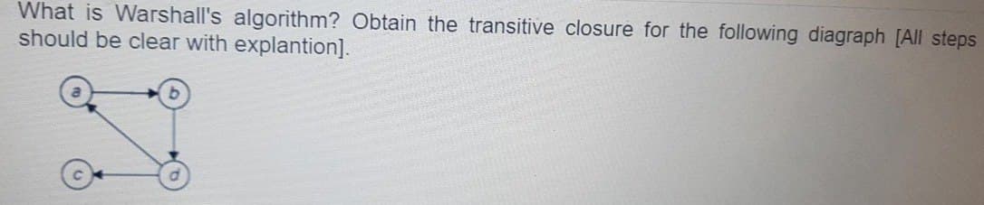 What is Warshall's algorithm? Obtain the transitive closure for the following diagraph [All steps
should be clear with explantion].