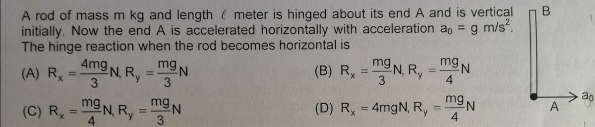 initially. Now the end A is accelerated horizontally with acceleration ao = g m/s.
mg N
A rod of mass m kg and length meter is hinged about its end A and is vertical
The hinge reaction when the rod becomes horizontal is
mg N, Ry
mg
4mg N, Ry
(B) Rx
3.
4
ab
(A) Rx
3.
%3D
mg
(D) R, = 4mgN, R,
A
mg N
%3D
%3D
(C) R =N, R,
%3D
4
3.
