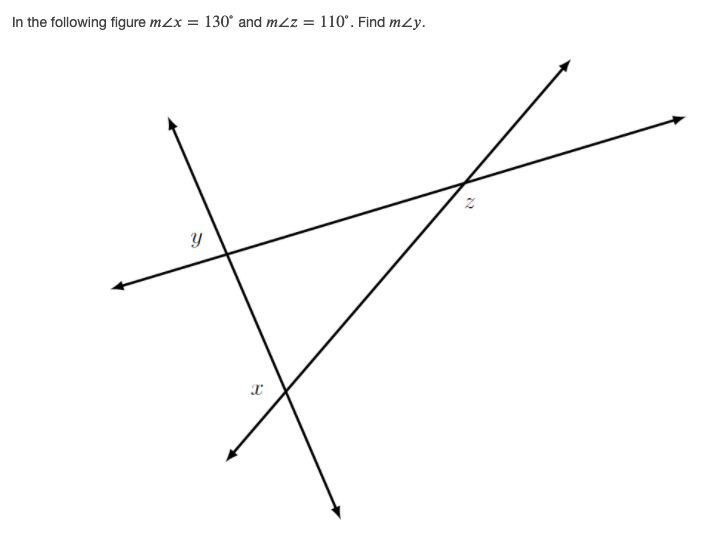 In the following figure mZx = 130° and m2z = 110°. Find mzy.
