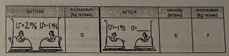 momentum
(kg m/sea)
velocity
(m/sec)
BEFORE
AFTER
momentum
(kg m/sec)
