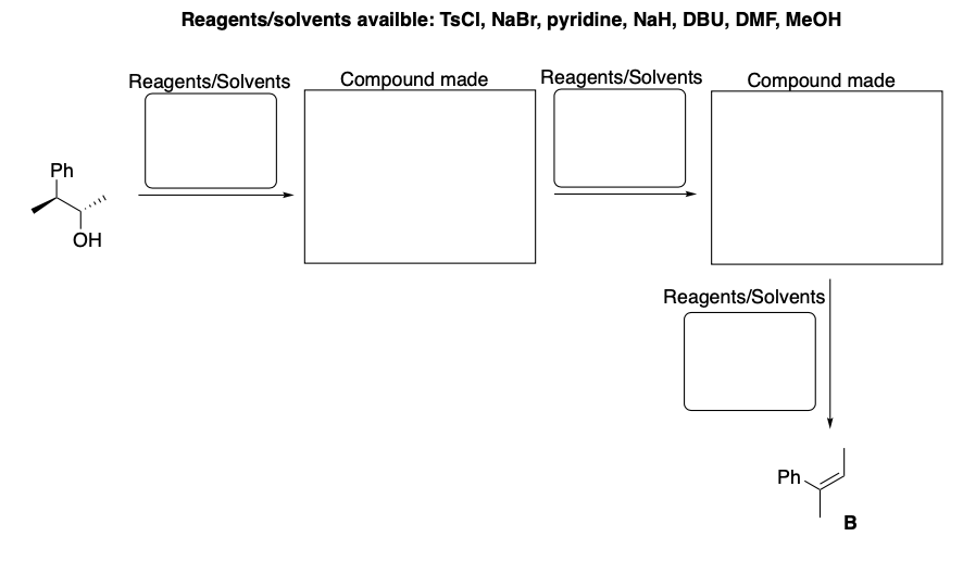 Reagents/solvents availble: TSCI, NaBr, pyridine, NaH, DBU, DMF, MEOH
Reagents/Solvents
Compound made
Reagents/Solvents
Compound made
Ph
ОН
Reagents/Solvents
Ph
В
