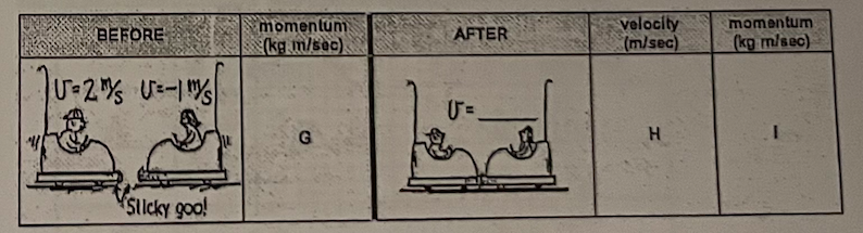 momentum.
(kg m/sec).
velocity
(m/sec)
momentum
(kg m/sec)
BEFORE
AFTER
G.
H.
Silcky goo!
