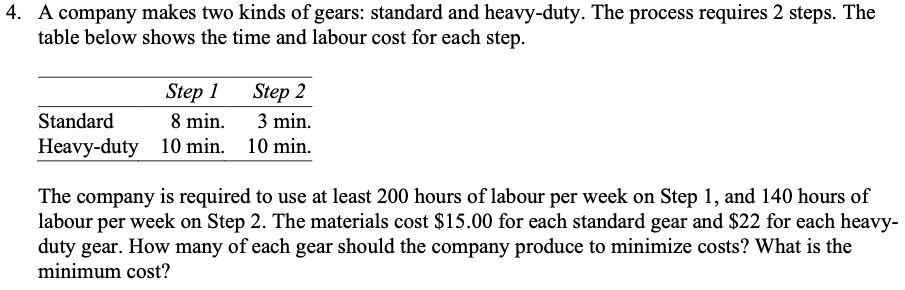 4. A company makes two kinds of gears: standard and heavy-duty. The process requires 2 steps. The
table below shows the time and labour cost for each step.
Step 1
Step 2
Standard
8 min.
3 min.
Heavy-duty 10 min. 10 min.
The company is required to use at least 200 hours of labour per week on Step 1, and 140 hours of
labour per week on Step 2. The materials cost $15.00 for each standard gear and $22 for each heavy-
duty gear. How many of each gear should the company produce to minimize costs? What is the
minimum cost?
