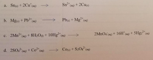 a. Sno) + 2Cu'(aq)
Sn (ag) + 2Cu(s)
b. Mgs) + Pb"(aq)
Pb(s) + Mg (aq)
c. 2MN2 (ag) + 8H2O) + 10Hg"aq) >
2MNO4 (nq) + 16H" (ng) + 5H&2" (ag)
d. 2S0, (ag) + Co"(ng)
» Cos) + S2Og(aq)
