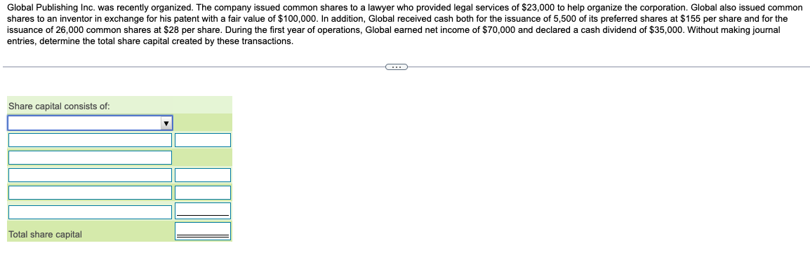 Global Publishing Inc. was recently organized. The company issued common shares to a lawyer who provided legal services of $23,000 to help organize the corporation. Global also issued common
shares to an inventor in exchange for his patent with a fair value of $100,000. In addition, Global received cash both for the issuance of 5,500 of its preferred shares at $155 per share and for the
issuance of 26,000 common shares at $28 per share. During the first year of operations, Global earned net income of $70,000 and declared a cash dividend of $35,000. Without making journal
entries, determine the total share capital created by these transactions.
Share capital consists of:
Total share capital
C