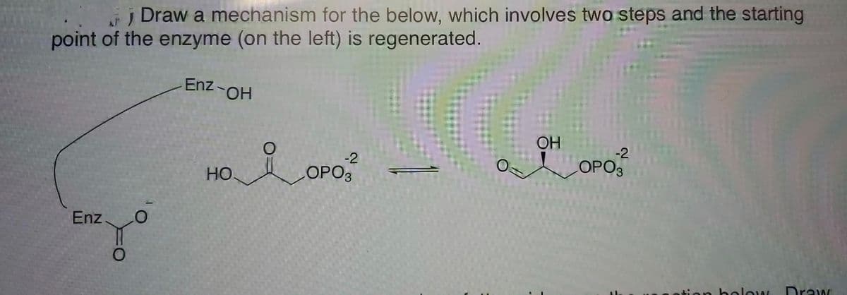 į Draw a mechanism for the below, which involves two steps and the starting
point of the enzyme (on the left) is regenerated.
Enz-OH
OH
-2
-2
ОРОЗ
HO
OPO3
Enz
below
Draw
