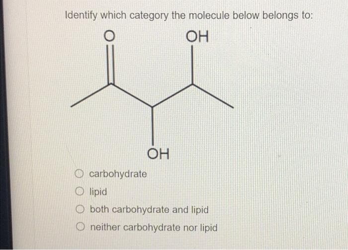 Identify which category the molecule below belongs to:
OH
OH
O carbohydrate
O lipid
O both carbohydrate and lipid
O neither carbohydrate nor lipid
