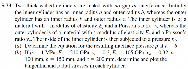 5.73 Two thick-walled cylinders are mated with no gap or interference. Initially
the inner cylinder has an inner radius a and outer radius b, whereas the outer
cylinder has an inner radius b and outer radius c. The inner cylinder is of a
material with a modulus of elasticity E; and a Poisson's ratio v;, whereas the
outer cylinder is of a material with a modulus of elasticity E, and a Poisson's
ratio v. The inside of the inner cylinder is then subjected to a pressure p¡.
(a) Determine the equation for the resulting interface pressure p at r = b.
(b) If p; = 1 MPa, E; = 210 GPa, v; = 0.3, E, = 105 GPa, v, = 0.32, a =
100 mm, b =
150 mm, and c
200 mm, determine and plot the
tangential and radial stresses in each cylinder.
